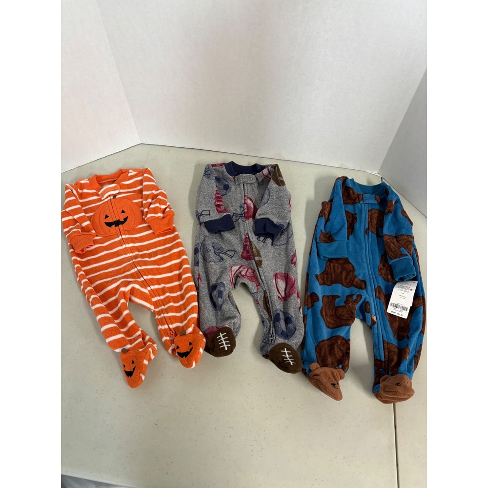 Carters Baby 3M Fleece Footed Sleepers 3 Pack Pumpkin Sports‎ Bear Blue Orange